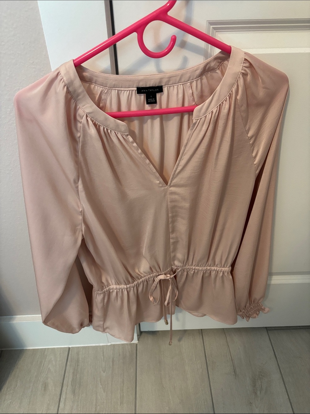Ann Taylor Soft Blush Peplum Drawstring Blouse